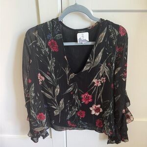 NWT Olivaceous Black Floral Flare Blouse Size M